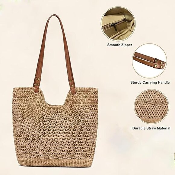 Women's Khaki - Boho Woven Tote Purse For Vacation Crochet Beach Shoulder Bag - Picture 5 of 8